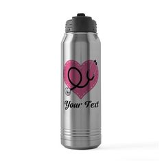 a stainless steel water bottle with a pink heart and the word your text on it