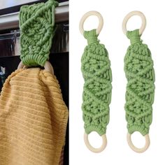 two green crocheted hooks hanging from a hook