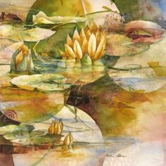 a painting of water lilies floating on top of a lake