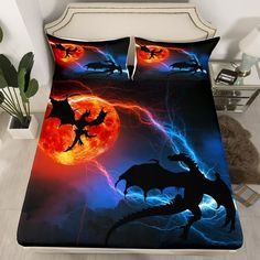 a bed with two dragon silhouettes on it in front of a full moon and lightning