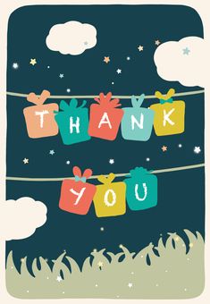 the words thank you are hanging on a line with gift boxes and stars in the sky