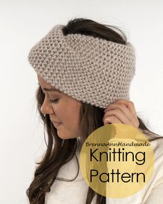 a woman wearing a knitted headband with the words knitting pattern on it