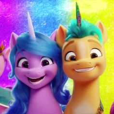 three cartoon characters are standing next to each other in front of a rainbow colored background