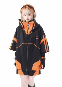 The price is for a hoodie only, others are not included.  The price does not include the detachable sleeves.   	 		 			Size 			M 			L 			XL 		 		 			Full Length 			74 			78 			83 		 		 			Bust 			170 			178 			186 Orange And Black Clothes, One Set Outfit, Hoodie Reference, Cyberpunk Hoodie, Outfit Art, Black Overcoat, Clothing Reference, Orange Hoodie