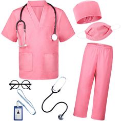 a pink nurse outfit with glasses, stethoscope and scrubs