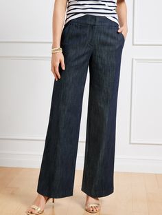 Perfect for your polished looks. Our sophisticated wide leg pants in soft, refined denim. Expertly tailored for a modern, ultra-flattering fit. Detailed with a high waist, angled slip pockets and welt pockets at the back. Pair with our Refined Denim Modern Blazer for a beautifully relaxed and perfectly put-together look. features Flat Front/Trouser Hits High Waist Full Length Fly front with button closure Front Angled slip, Back welt pockets Imported Fit: Misses 31 1/2"; Petite: 29"; Plus: 31 1/ Elegant Wide Leg Pants, Slate Blue Pants Outfit, High Waisted Trousers Outfit Casual, Womens Trousers Outfits, Denim Trousers Outfit, Pants For Petite Women, Dressy Jeans Outfit, Jean Trousers Outfit, Trousers Outfit Casual