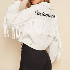 Customize this adorable premium white denim jacket! Text can be vinyl or embroidered 1. Pick font type 2. Pick font color 3. Choose what you want it to say **LIST THE ABOVE IN THE PERSONALIZATION BOX! Tassel Jacket, Jackets Fashion Casual, Party Jacket, Honeymoon Gift, Party Jackets, Denim Jacket Fashion, Long Sleeve Denim Jacket, Bridal Jacket, Party Bachelorette