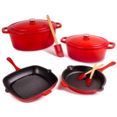 red pots and pans with wooden utensils