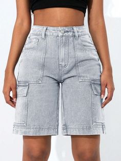 Women Solid Color Summer Casual Cargo Style Denim Shorts,Jorts Light Grey Casual   Denim Plain Straight Leg Non-Stretch  Women Clothing, size features are:Bust: ,Length: ,Sleeve Length: Women Denim Shorts, Summer Pants Outfits, Moda Denim, Cargo Style, Shorts Casual, Girls Denim, Denim Shorts Women, Petite Women, Short En Jean