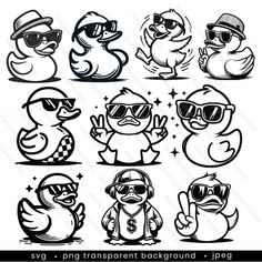 six different types of cartoon birds with sunglasses and hats on their heads, one in the middle