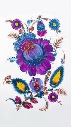 a painting of purple flowers and leaves on a white background