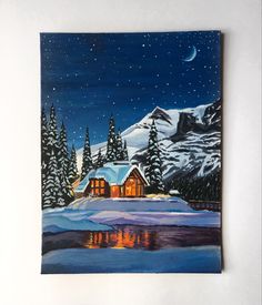 a painting of a cabin in the woods at night