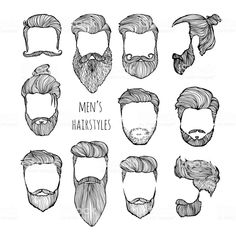 a set of hipster hairs and beards for men in black and white stock photo