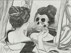 a drawing of a woman brushing her teeth in front of a mirror with a skull on it