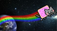 an old computer game character flying over the earth with a rainbow in front of it