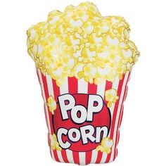 a red and white striped popcorn bag with the word pop corn on it's side