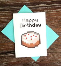 a happy birthday card with an image of a donut in pixel art on it