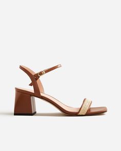 J.Crew: Layne Ankle-strap Heels In Raffia For Women Chic Sandals With Wooden Heel And Straw Material, Chic Straw Open Toe Heels, Straw Heels With Wooden Heel, Chic Straw High Heels, Straw Sandals With Heel Strap And Block Heel, Straw Sandals With Heel And Ankle Strap, Chic Ankle Strap Straw Heels, Brown Straw High Heels, Chic Straw Ankle Strap Sandals