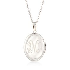 Ross-Simons - Monogram - 14kt White Gold Floral Locket Necklace. 20". Etched with a scrolling floral motif, our 14kt white gold oval locket has the aura of a vintage-style keepsake. Can be engraved on the back for FREE with a monogram in your choice of block or script type. Suspends from a Singapore chain that adjusts from 24" to choker length. Satin and polished finishes. Springring clasp, 14kt white gold personalized locket necklace. Elegant Oval Link Locket Necklace, Timeless Oval Engraved Locket Necklace, Timeless Engraved Oval Locket Necklace, Elegant White Gold Oval Link Locket Necklace, Elegant Engraved Locket Necklace With Oval Link, Classic Oval Pendant Jewelry With Engraving Option, Elegant Oval Link Locket Necklace For Wedding, Elegant Oval Link Locket Jewelry, Elegant Hallmarked Locket Necklace For Formal Occasions