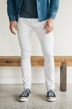 Our Axe Denit® Chino is the perfect fusion of vintage style and unrivaled comfort. The design was inspired by vintage pieces and builds upon the timeless style of classic chinos. The versatile Axe Chino made with the revolutionary Denit® stretch fabric seamlessly transitions from lounging at home to conquering the office, ensuring both comfort and style effortlessly blend into your day. • 71% COTTON / 21% POLYESTER / 8% POLYURETHANE Classic Fitted White Chinos, Classic Everyday Chinos, White Fitted Classic Chinos, Fitted Classic White Chinos, White Fitted Chinos Casual Style, Casual Fitted White Chinos, White Fitted Casual Chinos, Fitted White Casual Chinos, Classic Fitted Chinos For Everyday