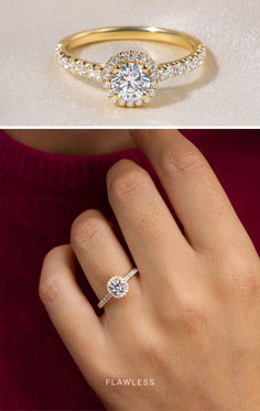 two different views of an engagement ring with diamonds on each side and in the middle