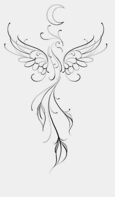 a drawing of a bird with wings and swirls on it's back side