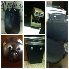 four different pictures of computer mouses with eyes and noses on the front, side, and back of them