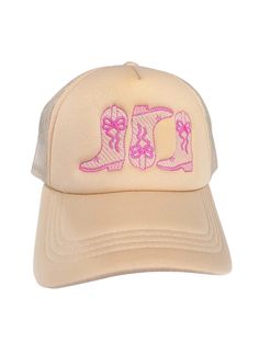 Yeehaw meets style in our Boot Bow Cowgirl Trucker Hat! This quirky hat features cowboy boots with bows that will make any cowgirl stand out. Perfect for a playful and fashionable look. Giddy up and grab one today! Boots With Bows, Trucker Hat Fashion, Heel Slippers, Outerwear Vest, Bar Bracelets, Tee Outfit, Heeled Loafers, Shoes Booties, Boot Sandals