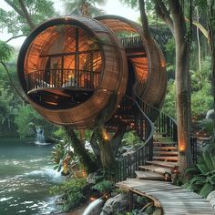 a tree house built into the side of a river