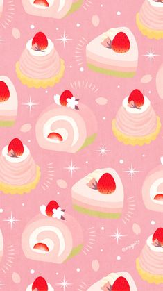 a pink background with many different desserts on it