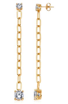 Hand-set cubic zirconia start and finish these 18-karat gold-plated heavy chain drop earrings that offer drama and shine. 2 3/4" drop Total cubic zirconia weight: 5.5ct. Hypoallergenic Sterling silver/18k-gold plate/cubic zirconia Imported Gold-tone Chain Detail Gold Plated Earrings, Gold-tone Chain Earrings Gold Plated, Gold Long Drop Cable Chain Jewelry, Gold Jewelry With Long Drop Cable Chain, Gold Cable Chain Jewelry With Long Drop, Gold-plated Link Earrings, Gold Plated Link Earrings, Gold-plated Chain Link Earrings, Gold Plated Chain Link Earrings