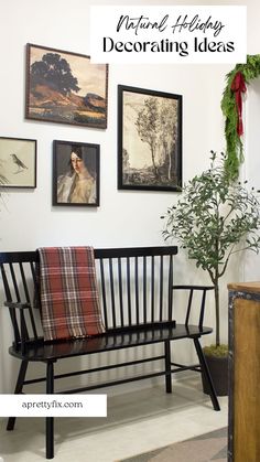 a wooden bench sitting in front of a wall with pictures on it and a potted plant