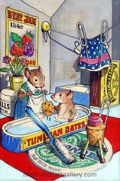 a painting of a mouse in a bathtub with other items on the floor around it