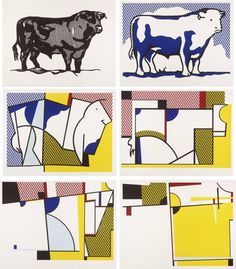 six different images of cows in various colors and sizes, each with an individual's silhouette