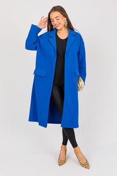 The Market Coat, Diva Blue - Sale - The Blue Door Boutique Royal Blue Coat, All Black Looks, Blue Coat, Blue Door, Blue Coats, Royal Blue Color, Boutique Clothing, All Black, Cute Dresses