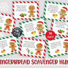 gingerbread scavenger hunt cards with candy canes and candies on them