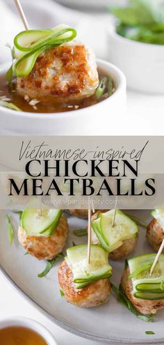 chicken meatballs with cucumbers and sauce on them