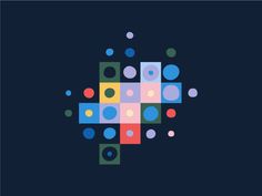 the logo for an organization with colorful squares and dots in it on a dark blue background