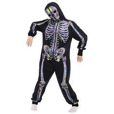 Skeleton Halloween Pajama Costume Demon Series Unisex Onesie Kigurumi Gothic Dark Style Polyester Long Sleeve Laser Skeleton Digital Printing Pajama Jumpsuit Day Of The Dead Outfit, Pajama Jumpsuit, Pajama Costume, Mexican Day Of The Dead, Onesie Costumes, Men Jumpsuit, Halloween Pajamas, Unisex Onesies, No Sleep