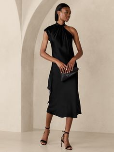 Kaia Silk Midi Dress | Banana Republic Hijab Wedding Dress, Plum Dress, Black Silk Dress, Asymmetrical Neckline, Silk Midi Dress, Silk Charmeuse, Black Midi Dress, How To Style, Model Dress