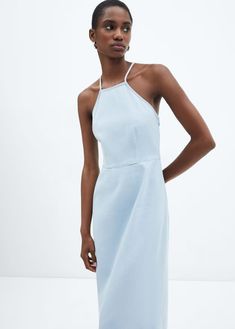 Strappy denim dress - Women | Mango USA Mango Dress, Womens Denim Dress, Denim Midi Dress, Midi Denim, Mango Outlet, Strap Tops, Nordstrom Dresses, New Season, Denim Fashion