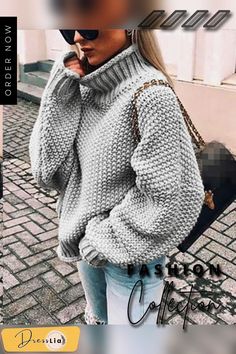 New Fashion High Collar Long Sleeve Knit Sweaters Loose Turtleneck Sweater, Batwing Sleeve Sweater, Cosy Outfit, Baggy Tops, Oversized Turtleneck, Turtle Neck Jumper, Loose Knit Sweaters, Estilo Chic, Thick Sweaters