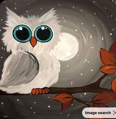 an owl is sitting on a branch in front of the night sky with stars and moon