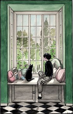 a drawing of a person sitting on a window sill with a cat looking out the window