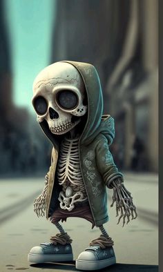 a skeleton wearing a hoodie and sneakers is standing on the street with his hands in his pockets