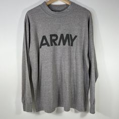 Soffe Vintage Military Us Army Long Sleeve T-Shirt Gray Made In Usa Size L Brand New Retro Long Sleeve Tops With Letter Print, Retro Gray Long Sleeve Tops, Gray Vintage Relaxed Fit Tops, 90s Long Sleeve T-shirt With Logo Print, Retro Gray Crew Neck Top, Gray Retro Crew Neck Top, Retro Gray Top With Graphic Print, Retro Gray Graphic Print Top, Retro Gray Cotton Tops