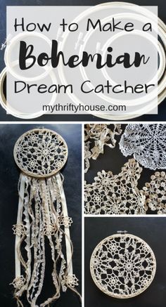 how to make a bohemian dream catcher with doily and lace on the bottom, along with other pictures