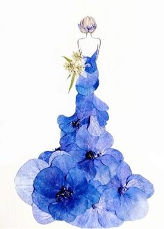 a dress made out of blue flowers on a white background