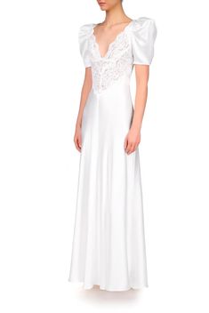 Off White Silk Satin Short Sleeve Dress With Lace Details – Rodarte Short Sleeve Gown, Satin Short Sleeve, White Short Sleeve Dress, Bias Cut Skirt, Sleeve Gown, Satin Short, Lace Cutout, Gowns With Sleeves, Silk Charmeuse