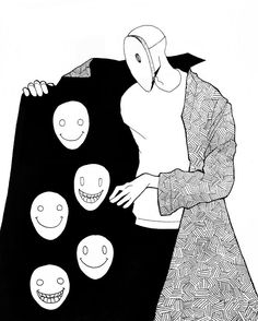 a drawing of a woman holding onto a black and white pillow with smiley faces on it